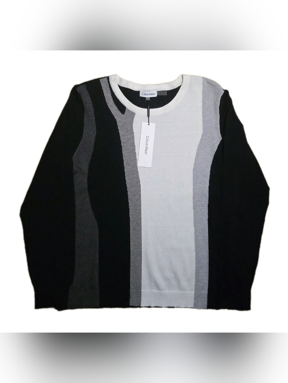 Calvin Klein Men’s Black, Gray & White Striped Crewneck Sweater - NWT